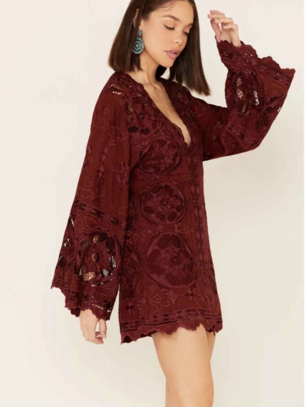 Free People Burgundy Lace Northern Lights Long Sleeve Dress $398 sold out